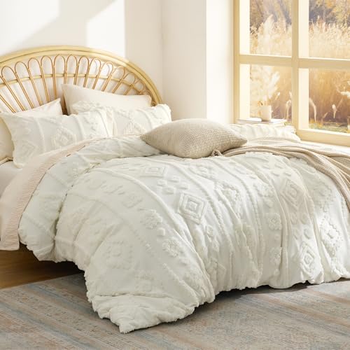 Bedsure Boho Tufted White Comforter Set Queen Size, GentleSoft™ 3 Pieces Boho Farmhouse-Style Decor Bedding, Exquisite Bedding for All Seasons, 1 Bed Comforter, 2 Pillow Shams, 90x90 Inches - color: 03 - Distressed Vintage White, size: Queen (90" x 90")
