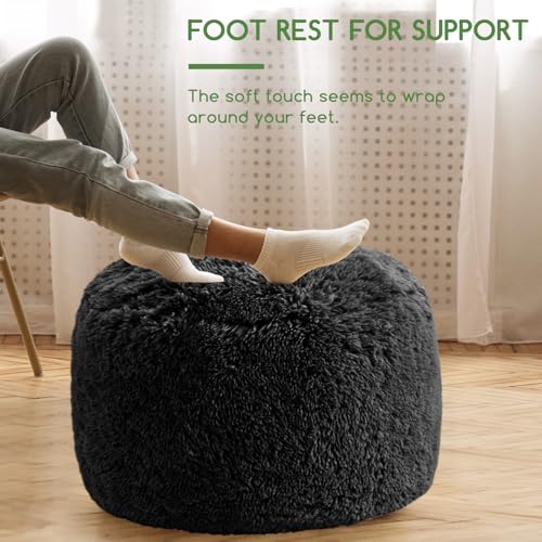 HIGOGOGO Round Stuffed Pouf Ottoman, Long Faux Fur Poufs with Foam Chunk Filling, Fluffy and Furry Pouf Foot Stool Storage Ottoman, 26 X 18 Floor Poufs Foot Rest for Living Room, Black - color: Black, size: 26"D x 26"W x 18"H