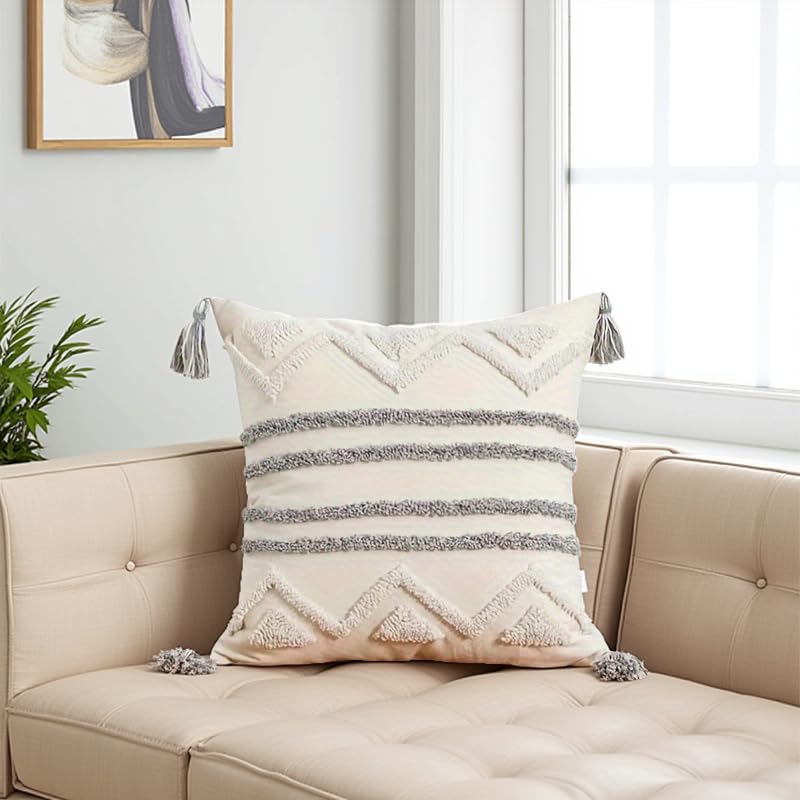 Andreannie Pack of 2 Boho Tufting Throw Pillow Cover Embroidered Textured Geometric Stripes Cushion Cover with Tassels Soft Home Decororative for Couch Sofa 18x18 inch - color: Boho Stripe