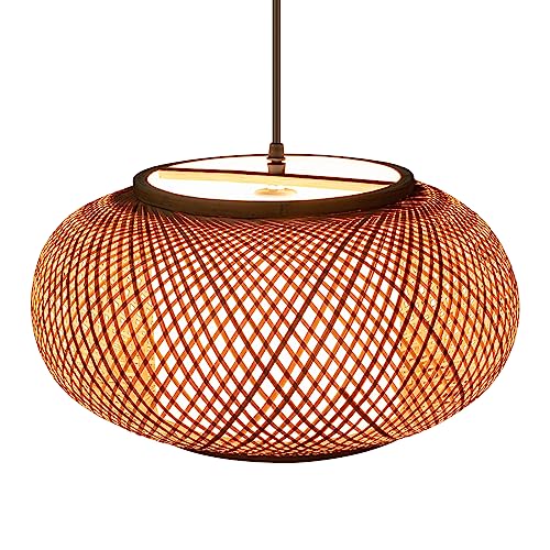 16" Bamboo Wicker Lampshade Rattan Pendant Light, Drum Shape Pendant Light Hanging Fixture Light, Hanging Light Chandelier for Farmhouse Hallway Entryway Porch