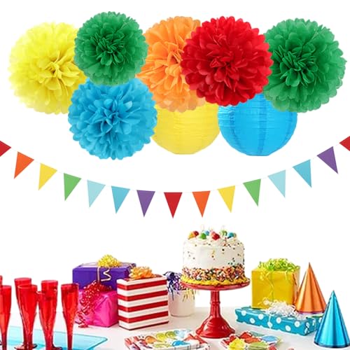 Rainbow Colorful Party-Decorations Paper-Flowers - 15pcs Welcome Back to School Tissue Pom Poms Lanterns Streamers,Carnival Video Game Kids Birthday Graduation Baby Shower Hanging Supplies Hugfond - color: Red Green Orange Blue