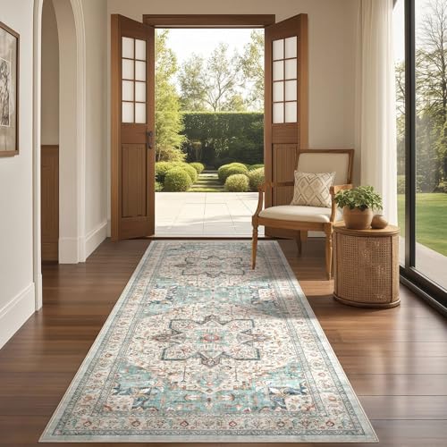 Tortania Area Rug 2x8 Runner Rugs - Washable Vintage Oriental Farmhouse Thin Indoor Carpet for Living Room Bedroom Hallway Entryway Kitchen Under Dining Table Home Office - Aqua Multi - color: Aqua Multi, size: 2' x 8' (Runner)