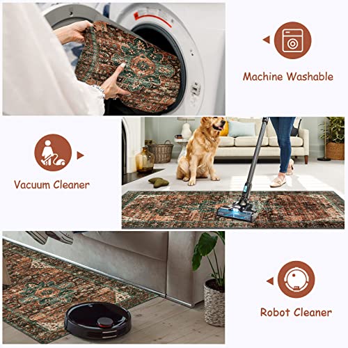 Moynesa Washable Vintage Bathroom Rug, Small Area Rug 2x3 Entryway Rug Indoor Door Mat, Boho Kitchen Rugs Non Skid Non Slip, Non-Shedding Ultra-Thin Oriental Throw Carpet for Bedroom Decor - color: Brick Red, size: 2' x 3'