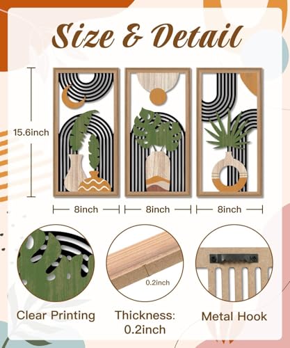 Putuo Decor Boho Abstract Wall Art Set of 3, Modern Minimalist Wooden Wall Decor, Geometric Aesthetic Botanical Artwork, Mid-Century Modern Design for Living Room, Bedroom, Office, Black 16.5 x 8.6 - color: Black