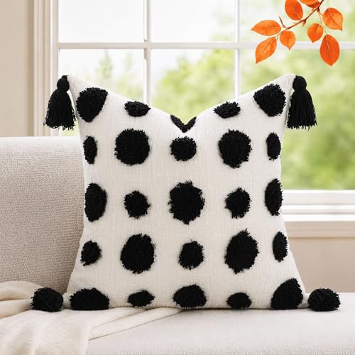 PANOD Super Soft Farmhouse Decorative Plush Throw Pillow Covers 18 x 18 Black,Solid Pom pom Tufted with Tassels Modern Accent Boho Square Cushion Cover Pillow Case for Couch Sofa - color: Black, size: 18" x 18" (Pack of 1)