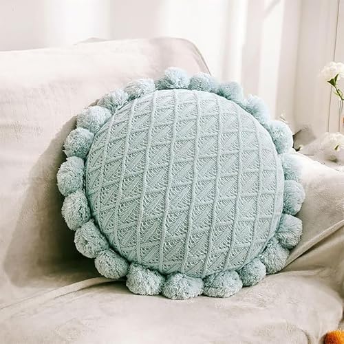 Byitre Bohemian Round Pillow 20 Inch | 100% Cotton Decorative Pillow Hand Tufted with Chunky Textured Poms | Boho Throw Pillow for Bed or Couch | Natural Light Blue Throw Pillow - color: Lattice Light Blue