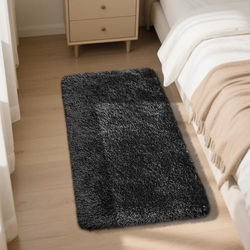 Fluffy Rug Shag Area Rug, Black 2x4 Area Rugs for Bedroom, Small Bedside Rug, Soft Fluffy Shag Entryway Throw Rugs for Living Room Bedroom Room Home Decor - color: Black, size: 2' x 4' (Rectangular)