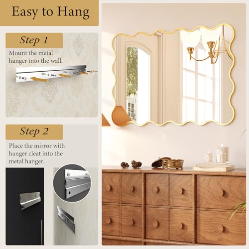 Kelly Miller 30x40 Inch Gold Scalloped Mirror, Large Rectangular Wavy Edge Bathroom Vanity Wall Mirror Decorative for Bedroom Living Room Entryway Fireplace Mantle - size: 40"L x 29.2"W