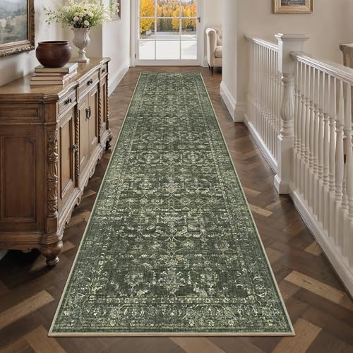 3x12 Green Runner Rug Hallway Washable Area Rugs Kitchen Vintage Boho Non Slip Long Rug Floral Carpet Indoor Retro Soft Low Pile Throw Rug for Bedroom Bathroom Laundry Dining Living Room Office - color: Dark Green, size: 3' x 12' (Runner)