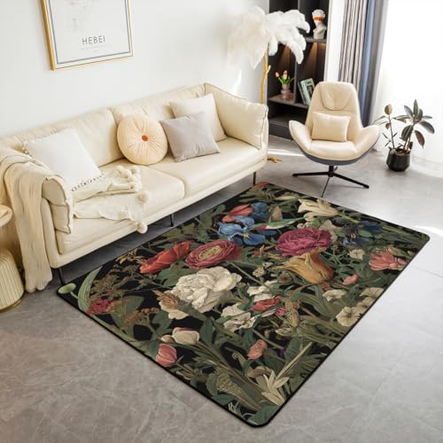 Erosebridal Vintage Floral Area Rug 6'6" x 4'11" Boho Leaves Living Room Rugs Dark Rose Red Green Decorative Carpet Nature Wild Botanical Indoor Floor Mat - color: Black Red Green, size: 4'11" x 6'6" (Rectangular)