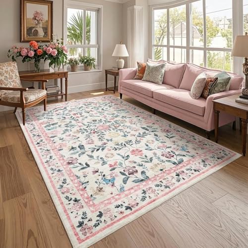 GarveeHome 8x10 Washable Floral Distressed Rug, Vintage Farmhouse Area Rug for Living Room, Non-Slip Low Pile Soft Carpet for Nursery Bedroom Dining Room Home Office, Pink - color: Pink, size: 8' x 10' (Rectangular)
