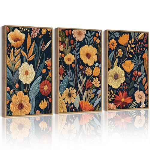 Drsoum Vintage Flower Wall Art Framed Retro Bohemian Boho Colorful Floral Plant Rustic Artwork Nature Botanical Wildflower Prints Bedroom Living Room Ready to Hang 12x16in Natural Framed - color: Botanical Flower, size: 16L" x 12W", Natural Framed