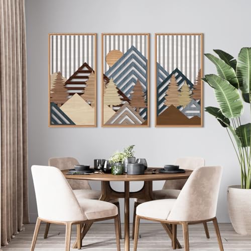 IARTTOP Large Mountain Wood Wall Art 16"x32"x3 Abstract Forest Wall Sculpture Geometric Boho Sunset Wilderness Artwork for Bedroom Living Room Office - color: Brown Framed Mountain, size: 16 x 32 inches