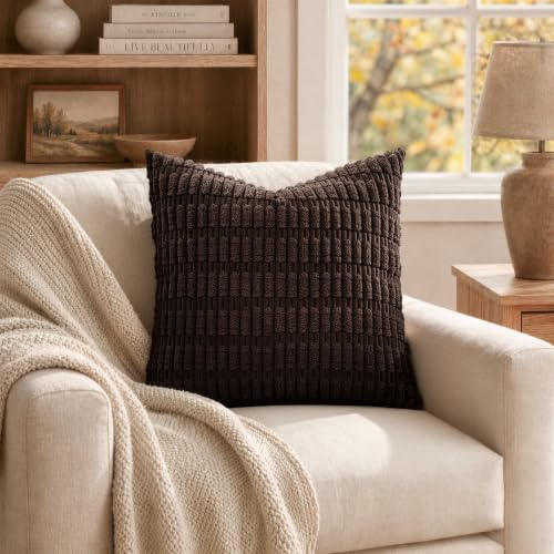 MIULEE Pack of 2 Corduroy Decorative Throw Pillow Covers 16x16 Inch Soft Boho Striped Pillow Covers Modern Farmhouse Home Decor for Sofa Living Room Couch Bed Dark Brown - color: Dark Brown, size: 16" x 16" (Pack of 2)