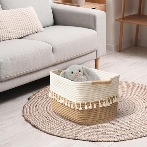 TeoKJ 2 Pack Woven Storage Bin, Cotton Rope Basket for Storage, Clothes Boho Basket Bin for Organizing, Fabric Basket for Books, Plants, Pet Treats, White & Jute - color: White & Jute, size: 2 Pack