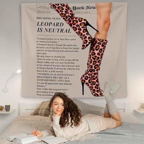 WNAGT Trendy Leopard Print Newspaper Tapestry Wall Hanging, Cheetah Room Decor, Modern Hot Girl Fashion Aesthetic Blanket Decor for Girls Room Dorm Apartment Office, 50x60 Inch