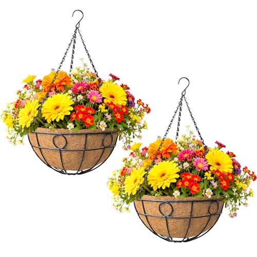 2 Pack 12 Inch Metal Outdoor Hanging Baskets Black Heavy Duty Hanging Planters with Coco Liners for Indoor Outdoor Plants Gardens Patios Terraces（Round） - color: Round