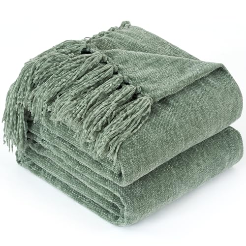 Chenille Throw Blanket for Couch with Tassels,50"X60" Soft Cozy Lightweight Knitted Boho Decorative Blankets for Bed and Sofa,Light Green - color: Light Green, size: 50"x60"