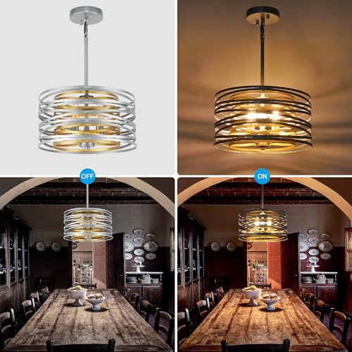 ACNKTZ 12.6'' Drum Pendant Light Fixture Hanging, Retro Semi Flush Mount Chandelier, Silver Chandeliers for Dining Room Bedroom Stairwell Breakfast Area, Silver with Gold Interior - color: Silver with Gold Interior, size: 12.6"/3-Light