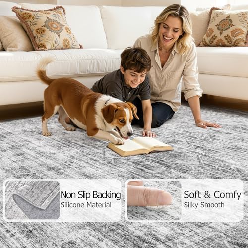 Washable Area Rugs 3x5, Soft Large 3x5 Rugs for Living Room Non-Slip Vintage Black Grey Indoor Carpet Stain Resistant Rugs for Dining Room Bedroom Nursery Kid & Pet Friendly - color: Black Grey, size: 3' x 5' (Rectangular)