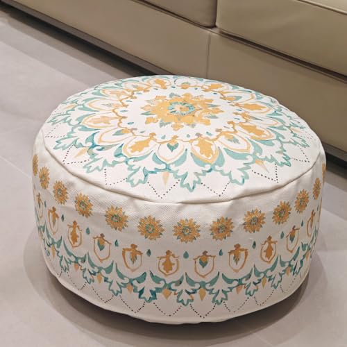 MOCOFO Round Bohemian Ottoman Pouf Cover, 18 Inch, Cotton Blend, Church Window Print, Living Room Storage Footrest, Cover Only (Light Tie-dye Cyan) - color: Light Tie-dye Cyan