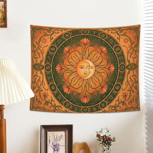 Water Lily and Sun Orange Green Tapestry, Floral Mandala Bohemian Decorative Wall Hanging, Aesthetic Tapestries for Living Room, Bedroom, Meditation 48x36 Inch - size: 48x36 Inch