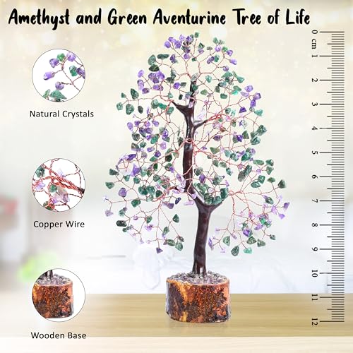 Crocon® Amethyst & Green Aventurine Crystals Tree Home Decor, Birthday Gifts for Women, Sister Gemstone Gift for Her Money Tree Crystals and Healing Stones House Warming Gift, Spiritual Decor Present - color: Amethyst + Green (Copper Wire)