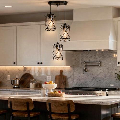 3 Light Pendant Lighting, Farmhouse Hanging Light Fixture for Kitchen Island & Dining Room, Industrial Vintage Ceiling Lamp with E26 Base, Adjustable Height, Matte Black with Glass Shades - color: X-Frame Glass Pendant - 3-Light (Black)