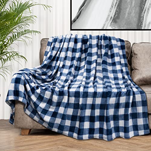 PAVILIA Buffalo Check Fleece Throw Blanket | Blue White Checkered Plaid Flannel Blanket | Soft Velvet Lightweight Microfiber Blanket for Couch Sofa | 50x60 Inches Checker Navy - color: Checker Navy, size: 50 x 60 Inches - Throw