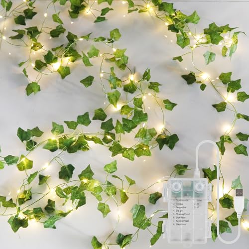 YOUNGAR Ivy Vines with Fairy Lights,Leaf String Warm White Lights Battery/USB Operated,23FT 73LED Fake for Bedroom Wall Room Wedding Birthday Garden Party Wall Room Decor - color: Ivy (Warm White), size: 73 LED-USB/Battery-Copper Wire-1Pack