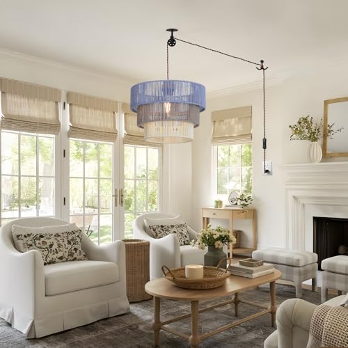 Boho Rattan Lamp Shade in Pastel Blue Gray & White, 3-Tier Drum Style Replacement Shade for Pendant, Chandelier, Floor Lamp, Rustic Hand-Woven Cover for Living Room, Kitchen, Bedroom, Office - size: style C