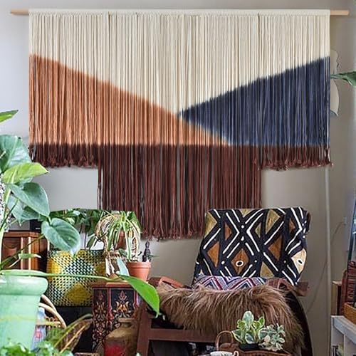 Jakalin Macrame Wall Hanging Geometric Boho Tapestry Dip Dyed With Modern Shapes, 57" W x 39" L Macrame Wall Art for Living Room or Bedroom Decor - color: Brown and Deep Blue