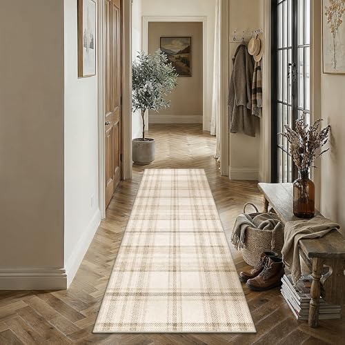 2x5 Beige Runner Rug for Kitchen Machine Washable Low Pile Checkered Carpet Modern Accent Soft Non Slip Rug for Bathroom Bedroom Nursery Indoor - color: Beige, size: 2' x 5' (Runner)