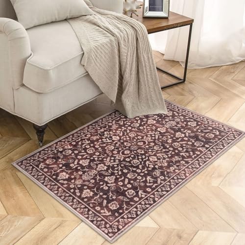 Vintage Entryway Rug Indoor, Burgundy Washable Rug 2x3, Small Area Rug with Non-Slip Backing, Floral Print Thin Faux Wool Super Soft Door Mat for Kitchen, Entrance, Bedroom, Office - color: Warm Burgundy Brown, size: 2' x 3' (Rectangular)