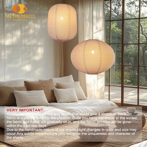 METHEDEECO 2-Piece Hanging Lamp Shade Set, 1 Oval 20x15 in + 1 Cylinder 13.5x17 in, Faux Linen Fabric Pendant Light Shades, Foldable Minimalist Pendant Lantern Shades, Nature Beige, Shades Only