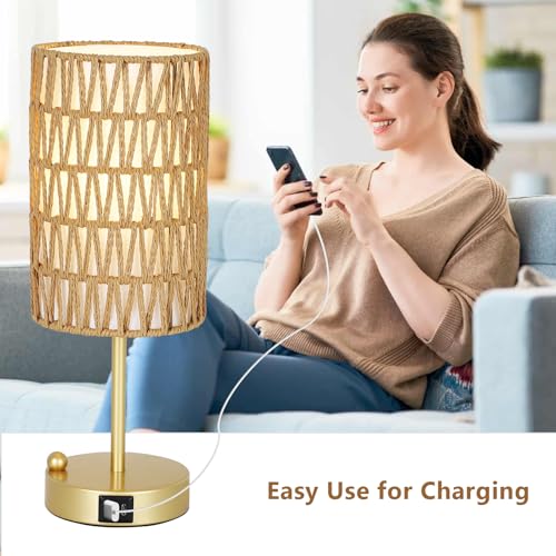Gold Bedside Lamps Set of 2, Touch Control Night Stand Lamp for Bedroom with Rattan & Linen Shade & Bulbs, 3 Way Dimmable Small Boho Table Lamps with USB Charging Port & Phone Stand - color: Gold-2pack