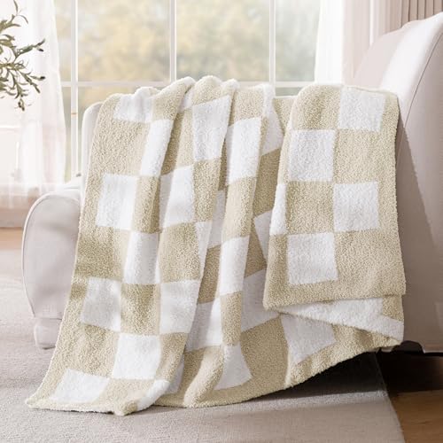 Exclusivo Mezcla Checkered Knit Throw Blanket, Ultra Soft and Warm Reversible Woven Blankets, Cozy Snuggly Throw for Couch Bed and Home Decor, Khaki, 50"x60" - color: Khaki, size: Throw (50"x60")