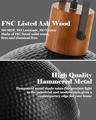 ELYONA 2 Pack Large Ash Wood Hammered Pendant Light Fixtures 16 Inch Metal Dome Ceiling Hanging Lamp, Industrial Kitchen Island Pendant Lighting for Farmhouse, Dining Room,Living Room, Black - color: Black - 2 Pack
