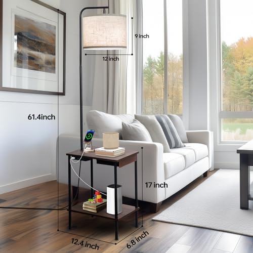 EOEYYOYB Floor Lamp with Table & Drawers, End Table Lamp with USB Charging Portt Power Outlet and Shelves, Side Table Reading Light with 3 Color Temperature Led Bulb Included for Living Room, Walnut - color: Walnut (with Drawer)