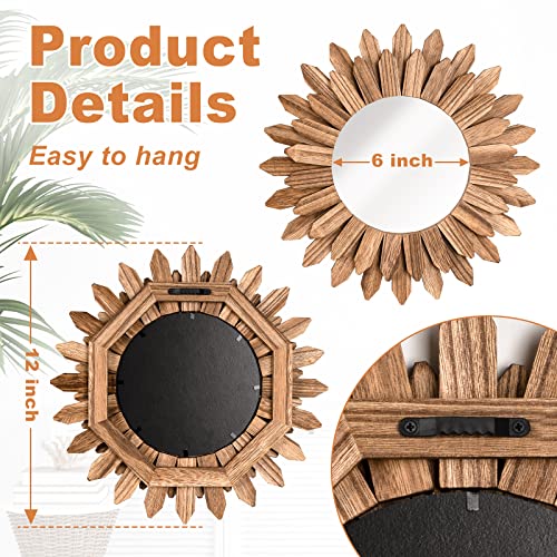 Emfogo Wall Mirror 12 inch Rustic Wood Sunburst Boho Mirror Wall Decor Home Decor for Bedroom Living Room Entryway Farmhouse (Carbonized Black) - color: Carbonized Black, size: 12"L x 12"W