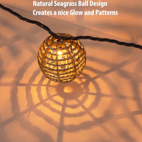 Decorative Outdoor Patio String Lights, Seagrass Rattan Wire Ball Style Lantern String Lights, Connectable Weatherproof Indoor Outdoor Globe Boho String Light for Home Pergola Garden Party Backyard - style: Seagrass Rattan Wire Ball