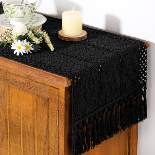Socomi Boho Table Runner Summer Farmhouse Woven Cotton Linen Rustic Coffee Table Runner with Tassels for Dresser Scarf Home Decor Dining Room 12x90 inch Black - color: Black, size: 12" X 90"