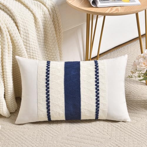 Fancy Homi Set of 1 Navy Blue Lumbar Decorative Throw Pillow Covers 12x24 Inch for Couch Bed Sofa Living Room, Aesthetic Modern Organic Farmhouse Home Decor, Soft Cotton Woven Textured Cushion Case - color: Navy Blue, size: 24" x 12" (Pack of 1)