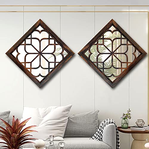 Wocred 20inch 2 PCS Square Wall Mirror,Gorgeous Rustic Farmhouse Accent Mirror, Caramel Color Entry Mirror for Bathroom Renovation,Bedrooms,Living Rooms and More. - color: Caramel Color, size: 20x20 inch - 2 PCS