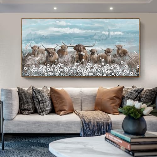 Extra Large Framed Wall Art for Living Room Big Boho Farmhouse Highland Cow Canvas Artwork Flower and Animal Picture Rustic Coastal Blue and Brown Decor for Office Bedroom Kitchen - color: Highland Cow Wall Art, size: 58"L x 29"W