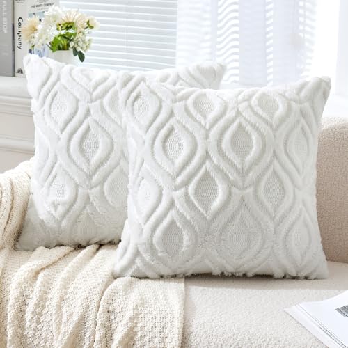 MIULEE Pure White Throw Pillow Covers 18x18 Inch, Soft Winter Plush Faux Wool Couch Pillow Covers Set of 2 Decorative Farmhouse Boho Throw Pillows for Sofa Living Room Bed - color: Pure White, size: 18" x 18" (Pack of 2)