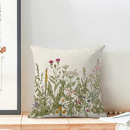 AEIOAE Sage Green Pillow Covers 16x16 Inch Set of 2, Spring Wildflower Plant Throw Pillows Case,Seasonal Floral Outdoor Decorative Flowers Farmhouse Decor Cushion Covers for Home Sofa Bed Couch - color: Wildflowers 01, size: 16" x 16" (Pack of 2)