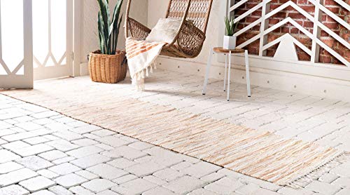 Unique Loom Chindi Cotton Collection Soft Hand Woven Natural Fiber Striped Area Rug, 2 ft x 6 ft, Beige/Ivory - color: Beige/Ivory, size: 2' x 6' (Runner)