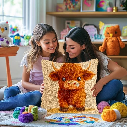 Latch Hook Pillow Kits for Adults Cute Baby Highland Cow DIY Pillow Cover Printed Pillowcase Crochet Hooking Yarns Handmade Cushion for Home Sofa Decoration 17x17inch(8) - color: 01-Highland Cow