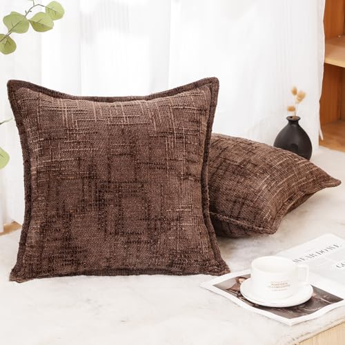 HPUK Fall Chenille Soft Throw Pillow Covers 18x18 Set of 2, Accent Cushion Covers for Living Room, Bedroom, Decorative Solid Color Pillow Covers for Couch, Sofa, Chair, Chocolate - color: Chenille-chocolate, size: 18" x 18" (Pack of 2)